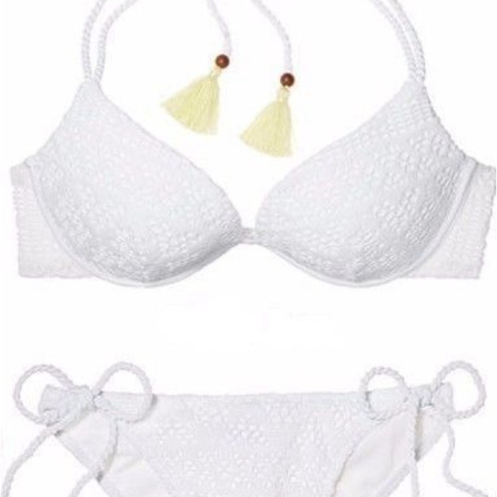 Victoria Secret Gorgeous Top White Crochet Lace Bikini 36B bottom: size small